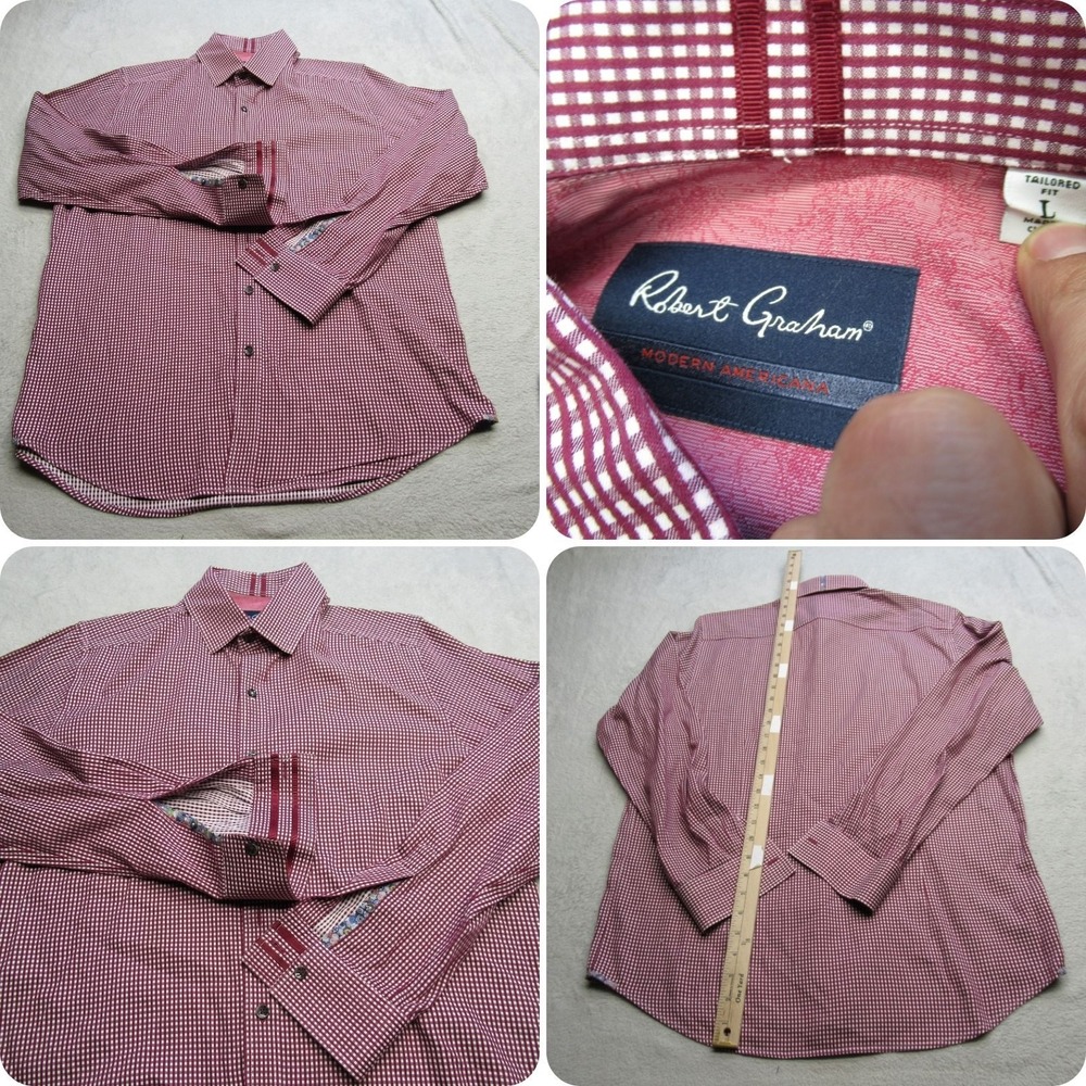 Robert Graham Shirt Men Large Maroon White Check‎ Tailored Flip Cuff Button Up